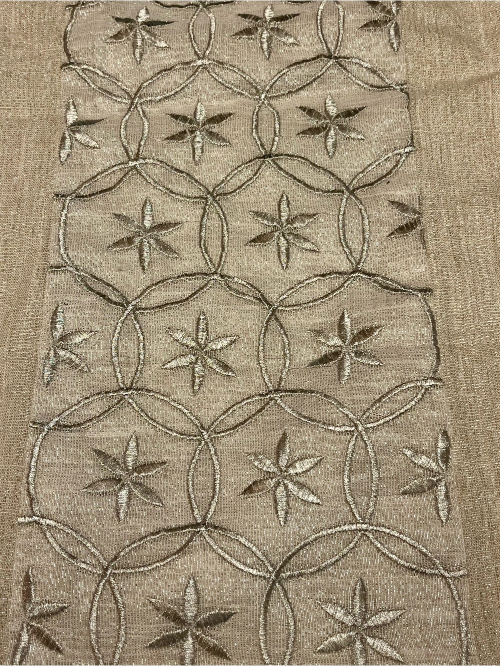 Silver & Beige Table Runner Embroidered Geometric Metalic 68” X 13.5”
